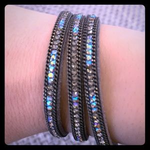 Grey fabric, multicolored rhinestone wrap bracelet